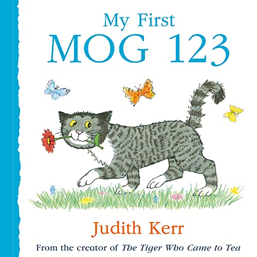 Book cover featuring a striped cat with butterflies and flowers.