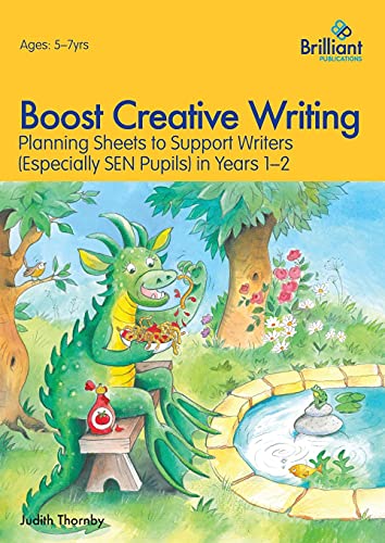 Book cover: dragon feeding birds by a pond, for young writers.