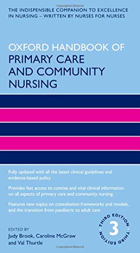 Blue and pink striped cover of "Oxford Handbook of Primary Care and Community Nursing," 3rd edition.