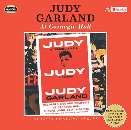 CD cover for Judy Garland’s “Judy At Carnegie Hall” concert, red and white.