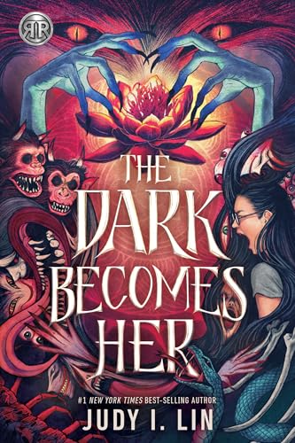 Book cover with a woman’s profile, lotus flower, and monstrous figures.