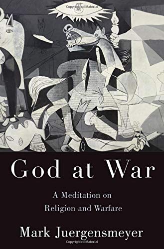 Book cover: abstract figures and text, “God at War” by Mark Juergensmeyer.