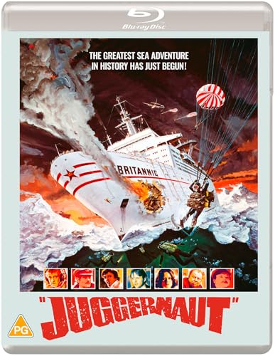 Juggernaut" Blu-ray cover: ship under attack with parachutists and cast portraits.