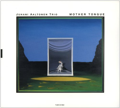 "Album cover art with surreal image of a person in a doorway, green and blue background."