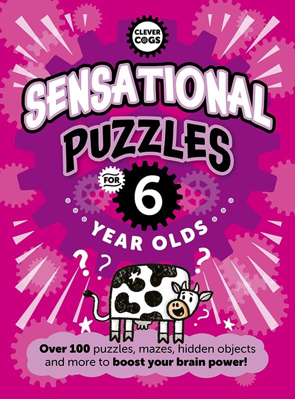 Book cover titled Sensational Puzzles For Six Year Olds featuring a cartoon cow illustration.