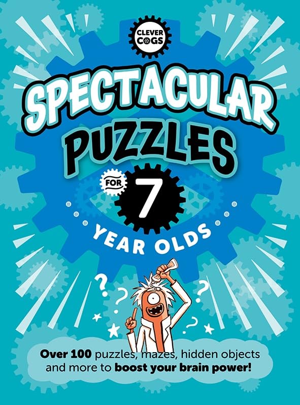 Book cover with colorful text, a number 7, and a puzzled child.
