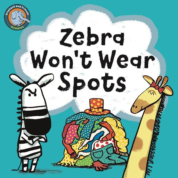 Book cover: zebra, giraffe, and elephant with colorful clothing.