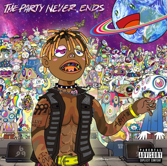 Juice WRLD album cover: colorful, illustrated portrait with surreal background.