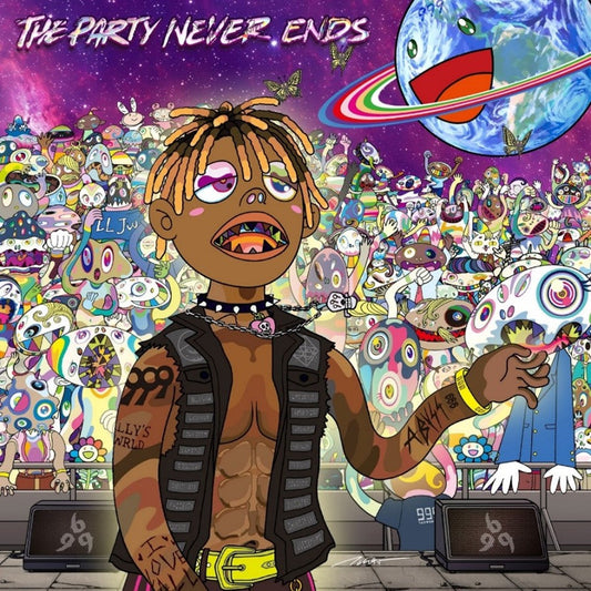 Album cover for Juice WRLD’s “The Party Never Ends” with colorful, cartoon imagery.