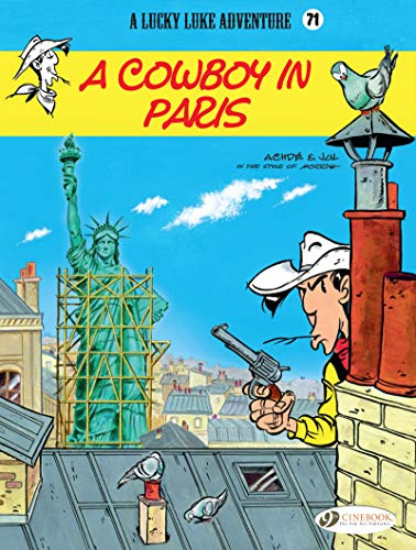 Comic book cover: Cowboy Lucky Luke with Statue of Liberty and pigeons.