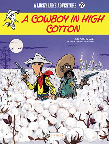 Lucky Luke and a sheriff stand in a cotton field, guns drawn.