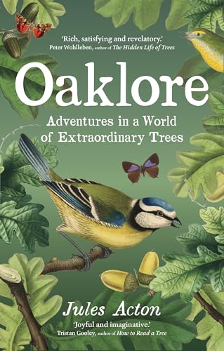 Book cover with illustrated birds, leaves, acorns, and the title "Oaklore".