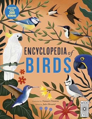 Book cover: "Encyclopedia of Birds" featuring illustrated colorful birds and foliage.