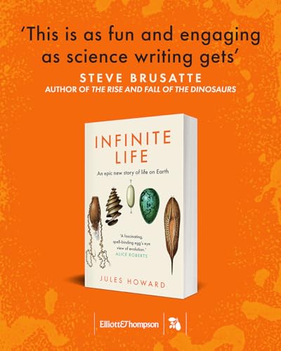 Book cover for “Infinite Life” featuring illustrations of ancient seeds and spores.