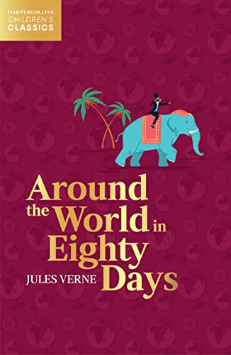 Book cover: man riding an elephant under palm trees, red background.