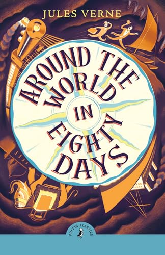 Book cover for “Around the World in Eighty Days” with travel imagery.