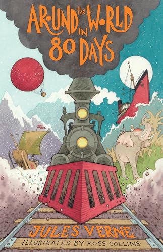 Vibrant illustration of a train, hot air balloon, and ship on a book cover.