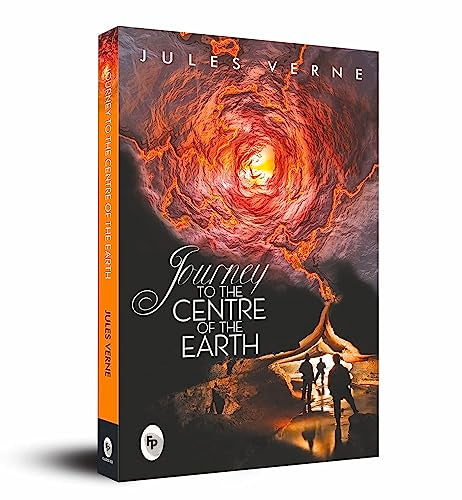 Book cover showing explorers in a cave beneath a glowing, fiery subterranean tunnel.