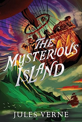 Book cover for "The Mysterious Island" depicts a ship and island scene.