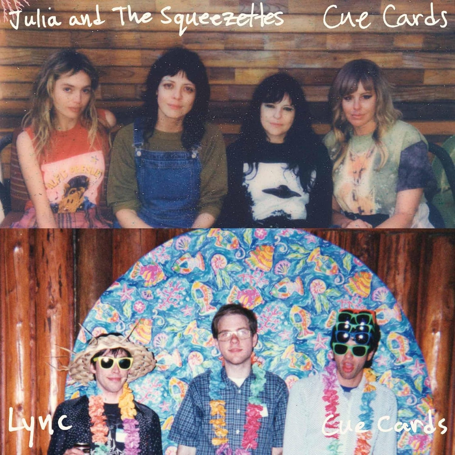 Vintage-style album cover featuring five musicians with colorful backdrop.