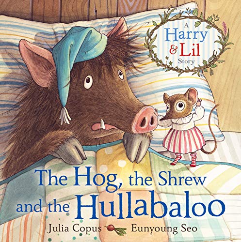 A hog in a nightcap and a small shrew on a bed.