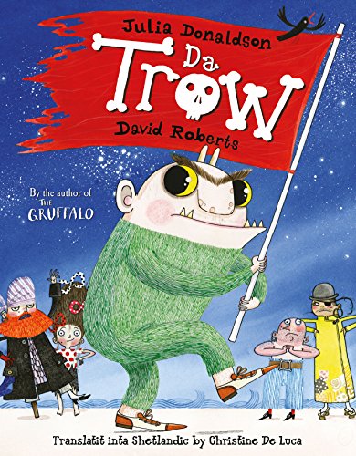 A green troll holds a large red flag above a group of illustrated characters.