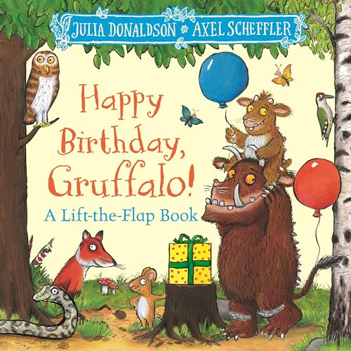 The Gruffalo with friends celebrates a birthday with balloons and gifts.