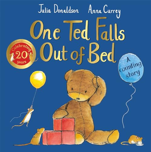 Book cover featuring a teddy bear, mice, balloons, and blocks on a blue background.