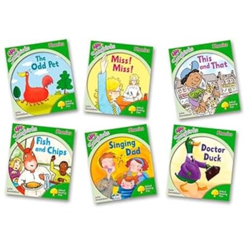 Six colorful children’s phonics books from Oxford Reading Tree Songbirds series.