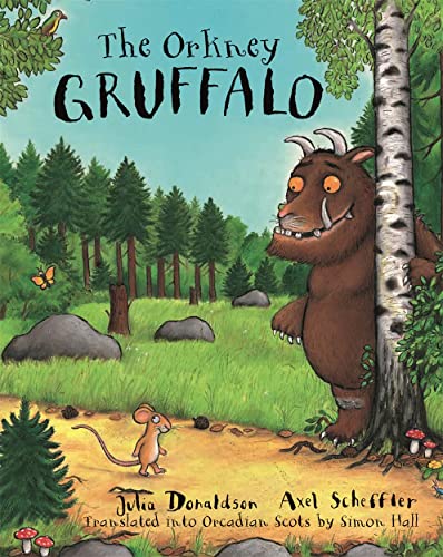 Book cover: a large Gruffalo stands near a tiny mouse in a forest.