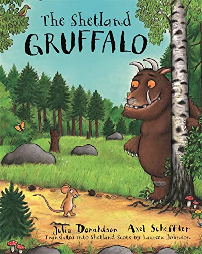A brown Gruffalo peeks from behind a tree as a small mouse walks past.