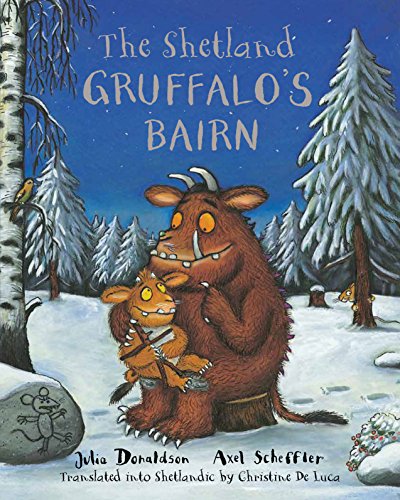 Gruffalo and bairn in snowy woods, book cover illustration.