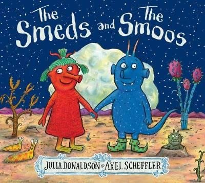 Book cover: red and blue alien-like characters holding hands under a moon.