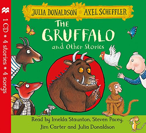"Green CD cover featuring cartoon characters and a gruffalo, with red stripe on the left."