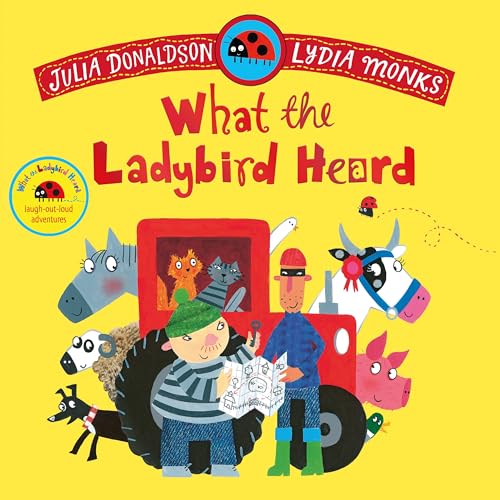 Book cover for What the Ladybird Heard featuring a red tractor, animals, and two burglars.