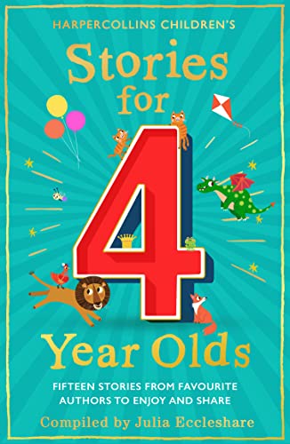 Book cover with large red number 4, animals, and a kite, for young children.