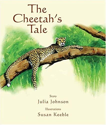 Book cover: cheetah resting on a branch, green foliage background.