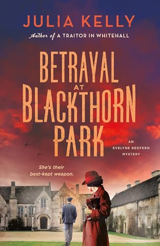 Book cover: "Betrayal at Blackthorn Park" featuring a woman in red and a manor.