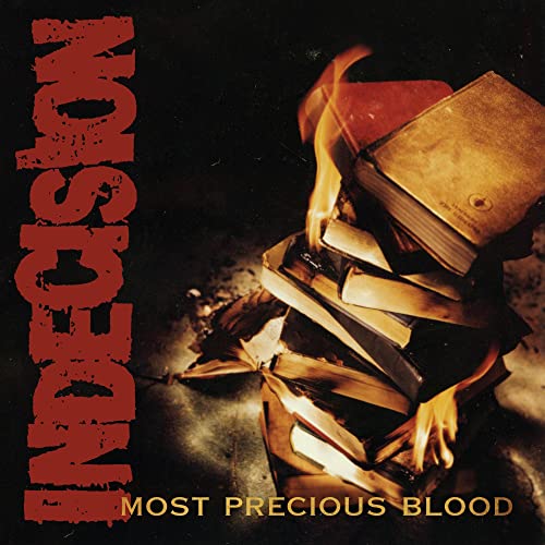 CD cover with burning books and the text "Most Precious Blood.