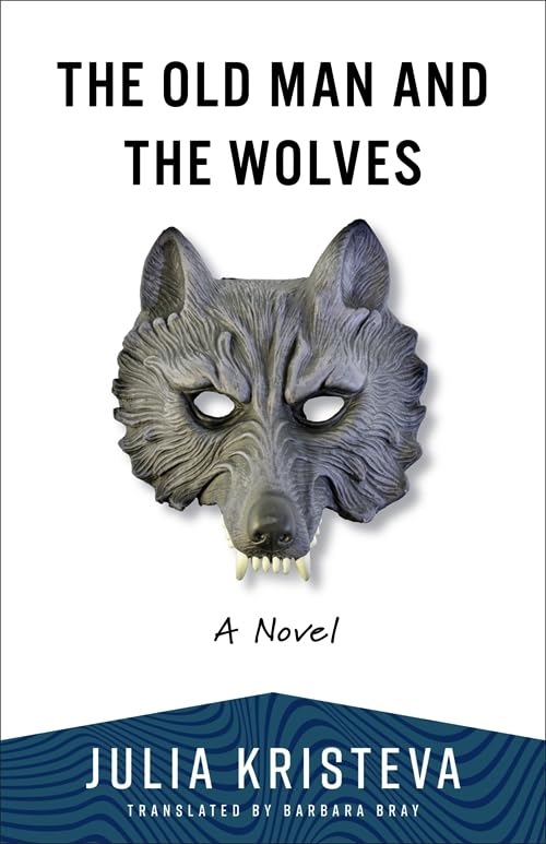 Book cover: gray wolf mask over a dark blue and white background.