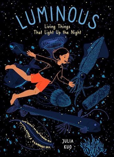 Book cover depicting a girl swimming with bioluminescent deep-sea creatures.