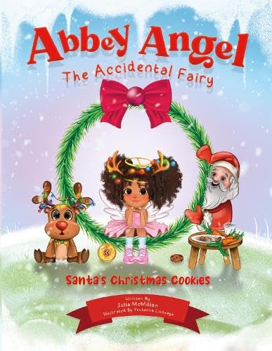 Book cover featuring a fairy, reindeer, and Santa with a wreath.