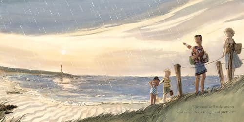 Family on a sandy dune looks out at a stormy beach and lighthouse.