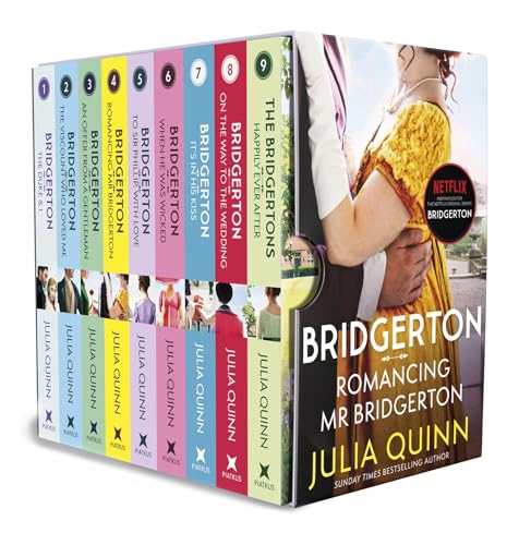 Box set of nine Bridgerton romance novels with cover art of embracing couple.