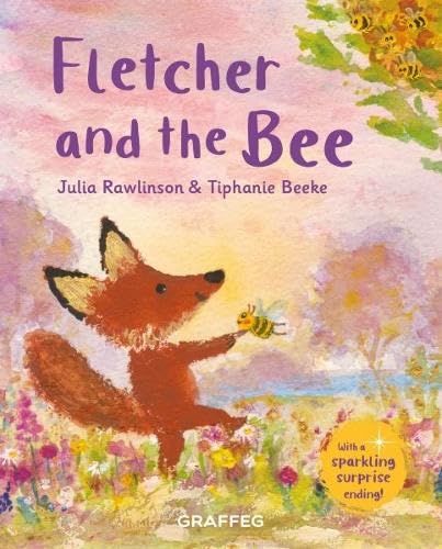 Fox looks at a bee amidst a colorful, painted wildflower meadow.