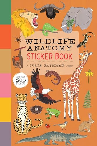 Illustrated cover of Wildlife Anatomy Sticker Book featuring various animals on an orange background.