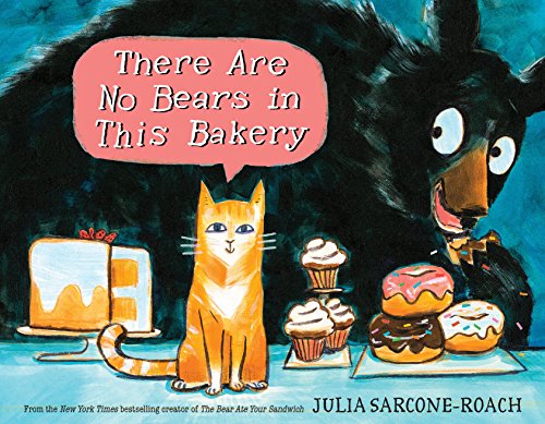 Orange cat and large bear near bakery treats, book cover.
