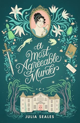 Book cover with a portrait, flowers, dagger, and mansion on a dark teal background.
