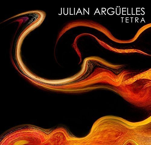 "Album cover with abstract orange swirls on black background, titled 'Julian Arguelles - Tetra'."
