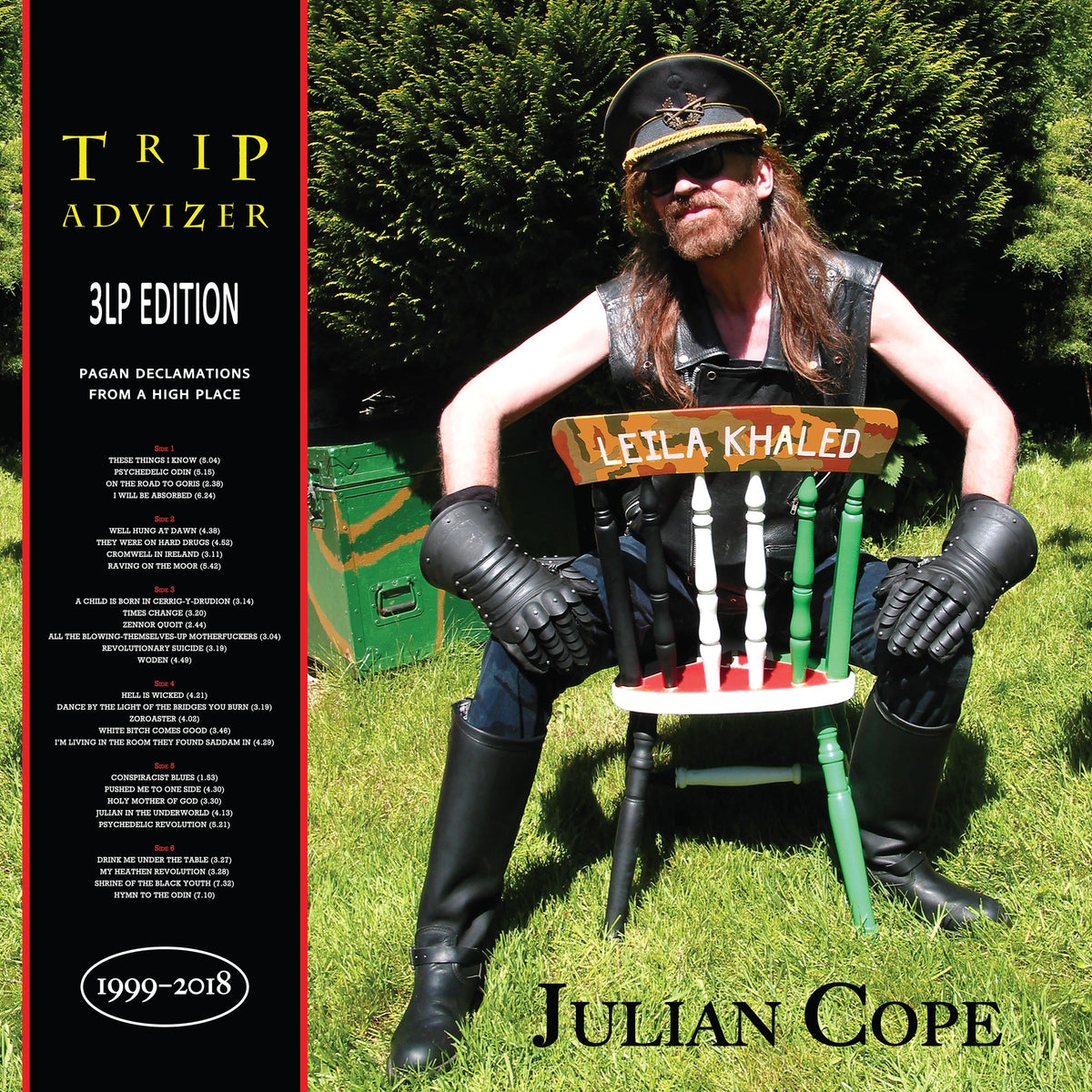 Julian Cope album cover: man in leather and cap seated on a chair.